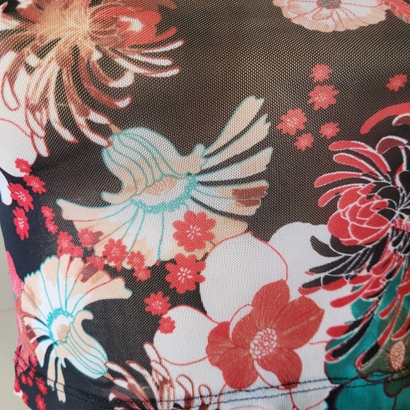 Floral Print Sheer Mesh Long Sleeved Crop Top Small Y2K Tattoo - Picture 3 of 11